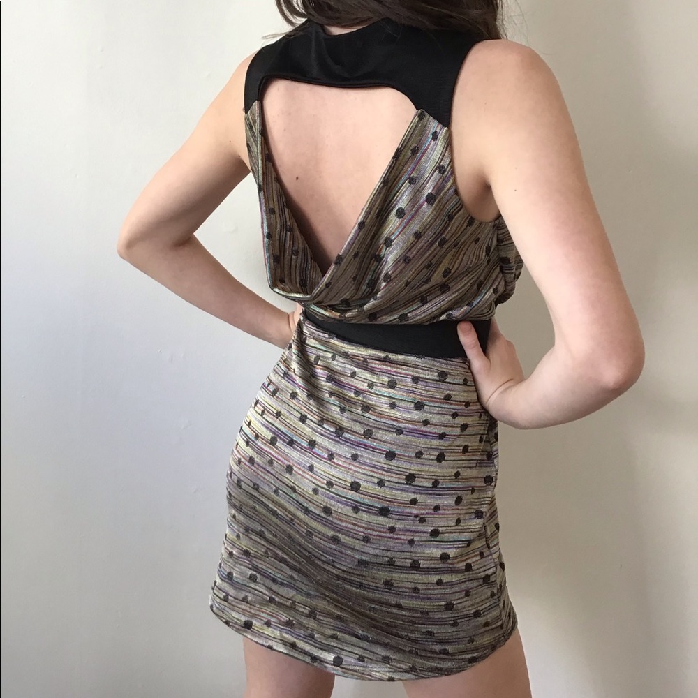 Arden B Black and Metallic Multi Stripe Open Back Cocktail Dress